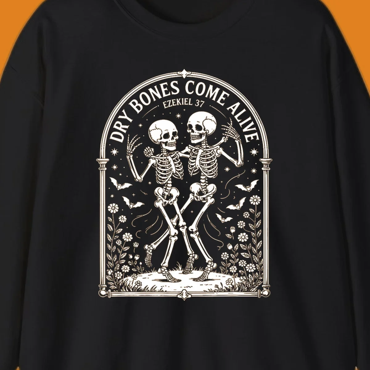 Dry bones come alive resurrection dancing skeletons with bats and flowers.