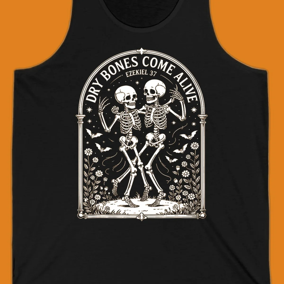 Dry bones come alive resurrection dancing skeletons with bats and flowers.