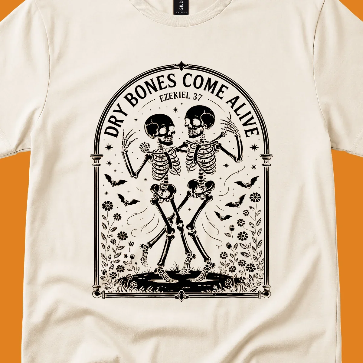 Dry bones come alive resurrection dancing skeletons with bats and flowers.