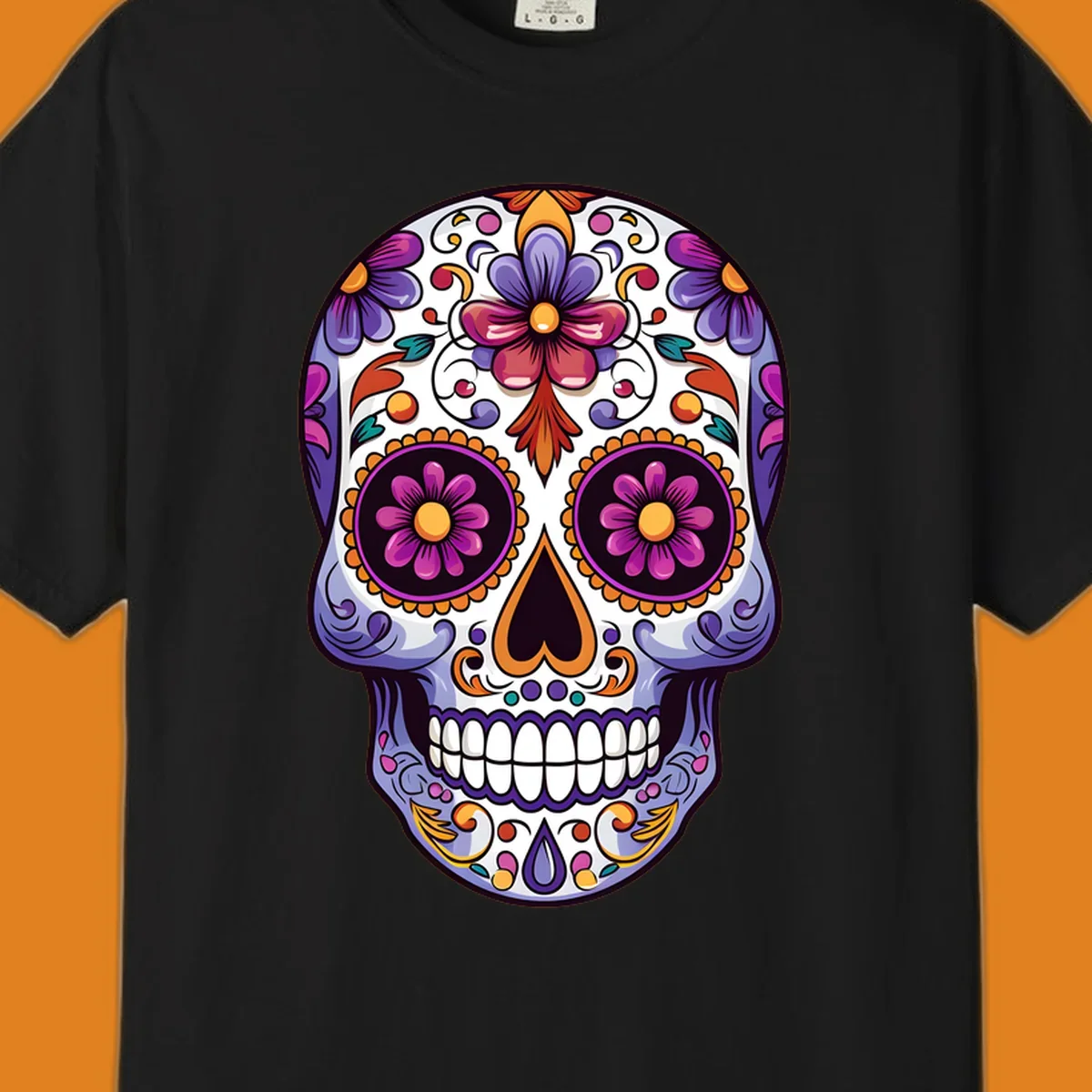 Vibrant floral calavera design with intricate purple, orange, and yellow flowers on a white sugar skull, celebrating Día de los Muertos.