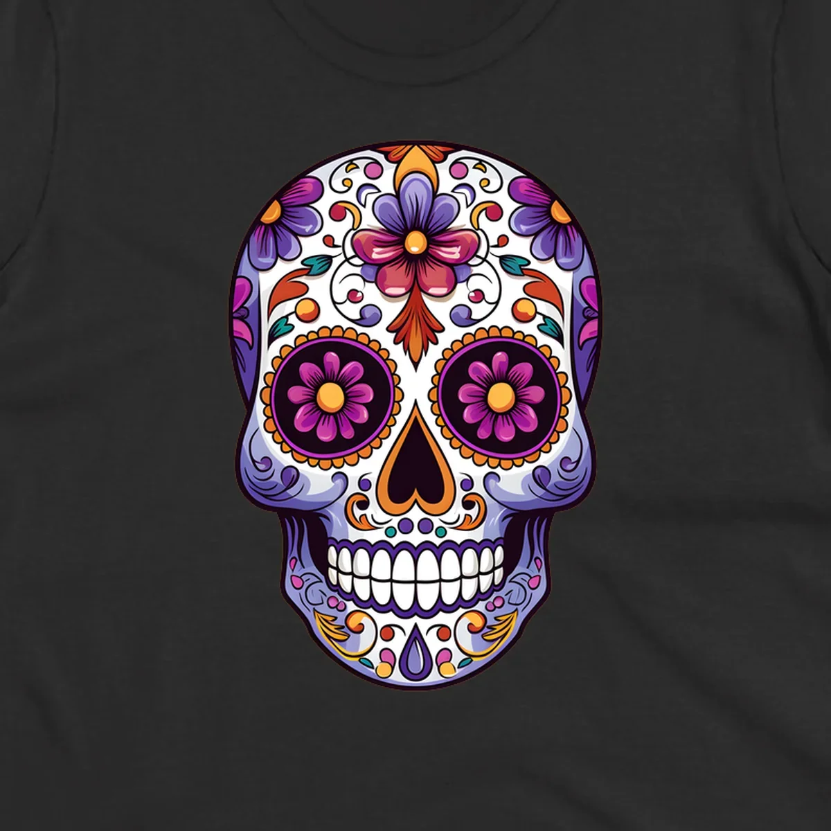 Vibrant floral calavera design with intricate purple, orange, and yellow flowers on a white sugar skull, celebrating Día de los Muertos.