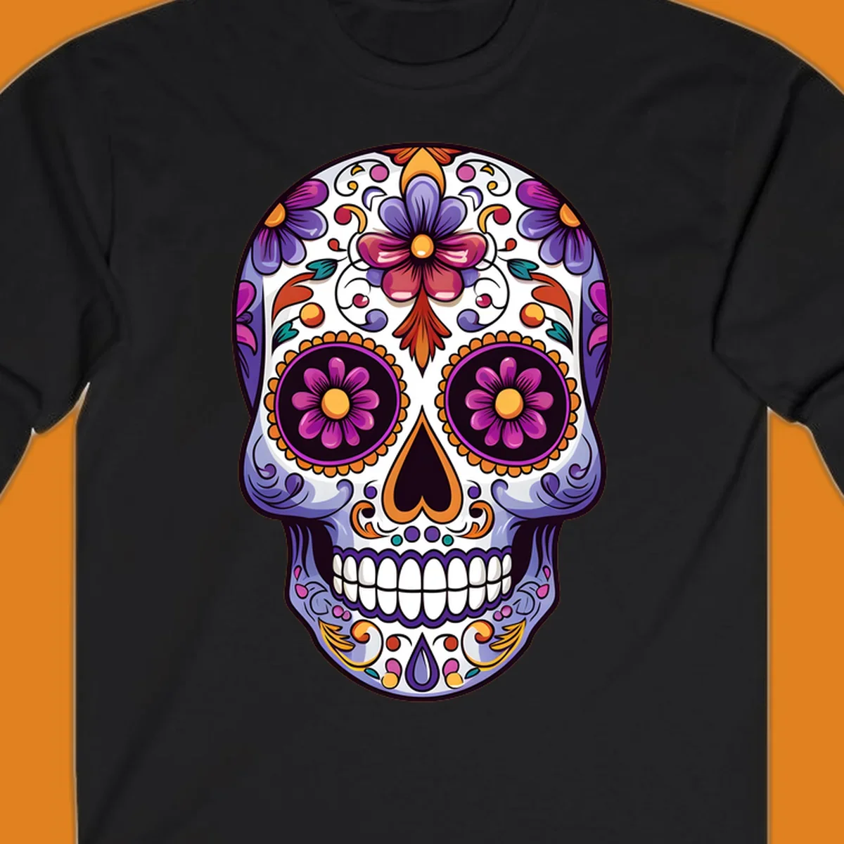 Vibrant floral calavera design with intricate purple, orange, and yellow flowers on a white sugar skull, celebrating Día de los Muertos.