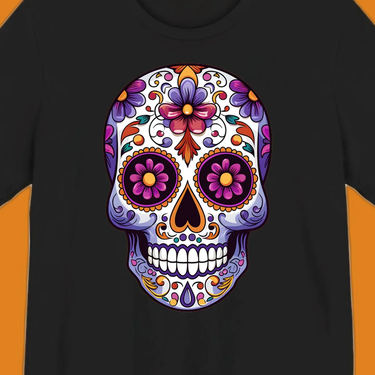 Vibrant floral calavera design with intricate purple, orange, and yellow flowers on a white sugar skull, celebrating Día de los Muertos.