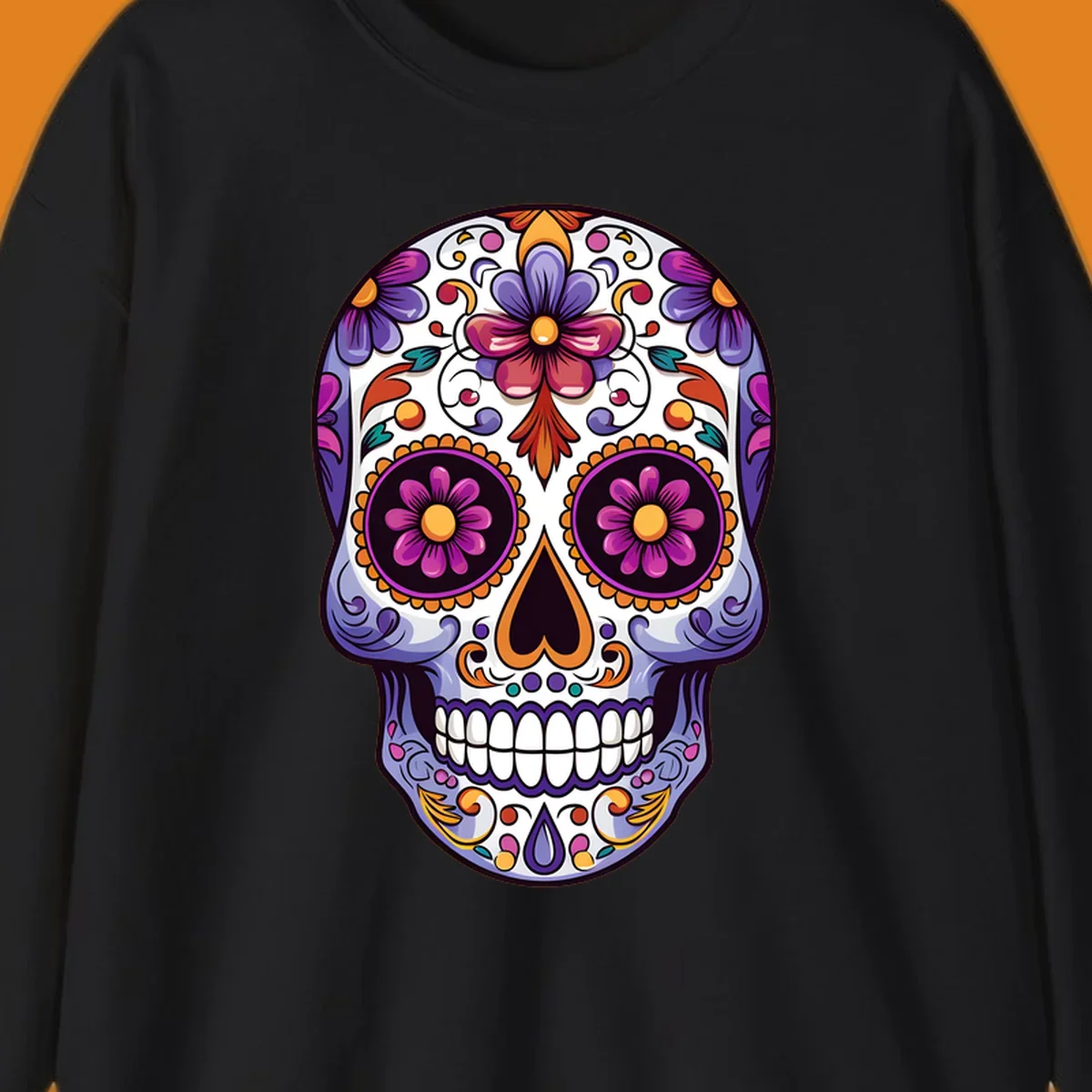 Vibrant floral calavera design with intricate purple, orange, and yellow flowers on a white sugar skull, celebrating Día de los Muertos.