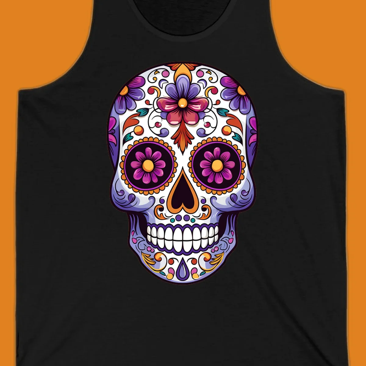 Vibrant floral calavera design with intricate purple, orange, and yellow flowers on a white sugar skull, celebrating Día de los Muertos.