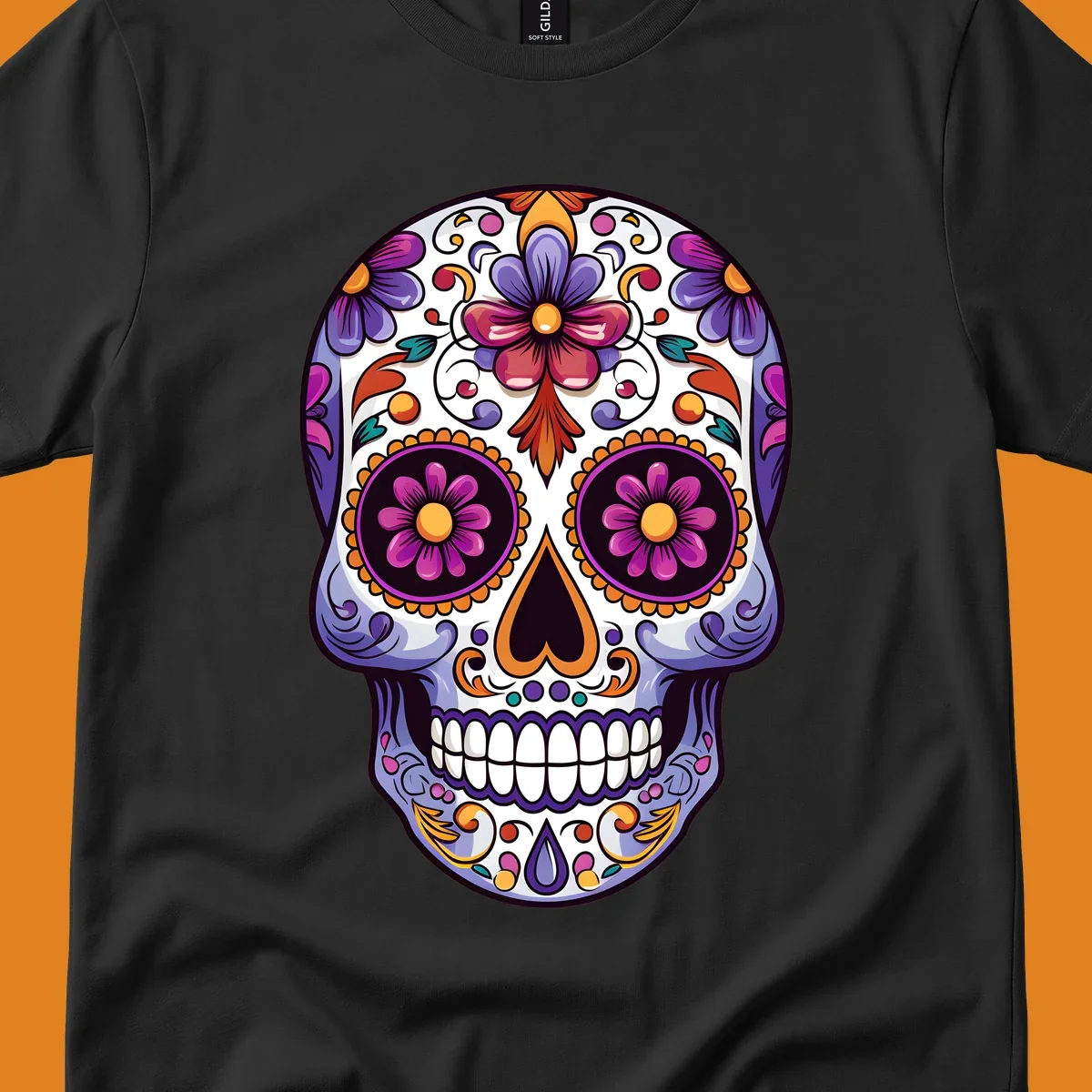 Vibrant floral calavera design with intricate purple, orange, and yellow flowers on a white sugar skull, celebrating Día de los Muertos.
