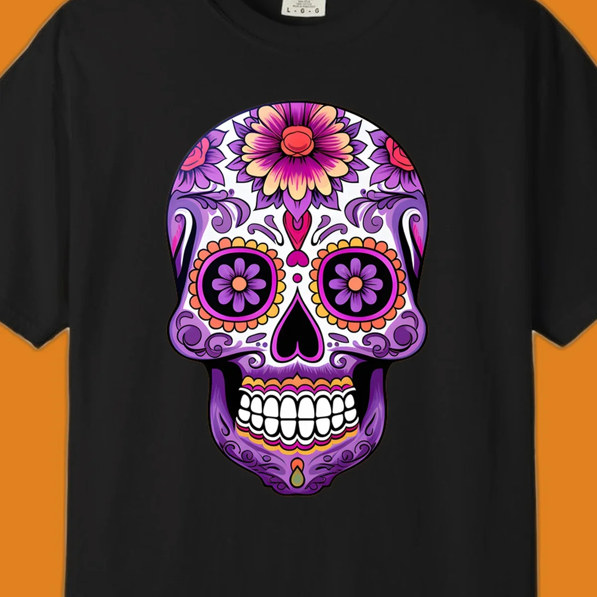 A vibrant floral calavera sugar skull illustration, featuring purple, pink, orange, and yellow flowers and patterns.