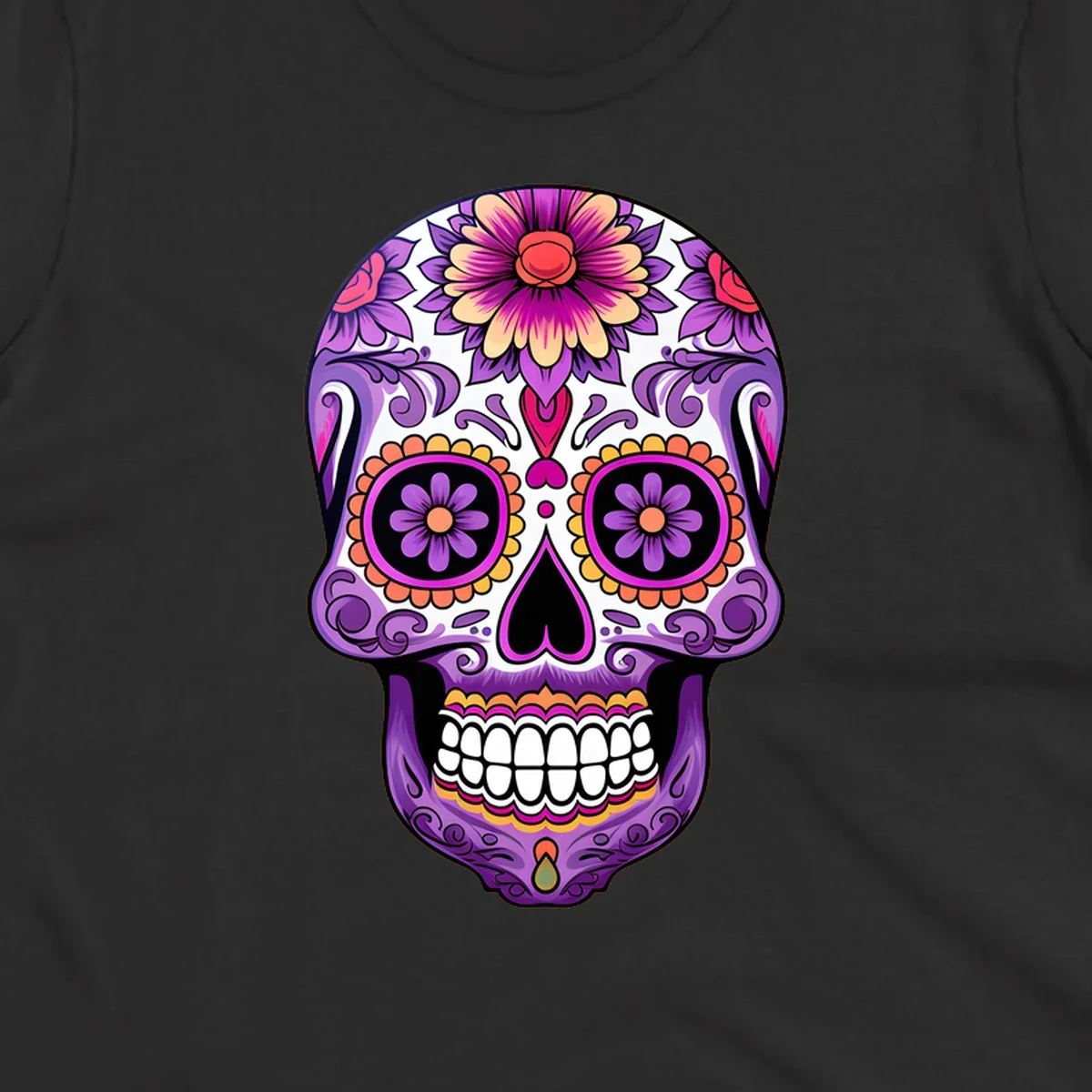 A vibrant floral calavera sugar skull illustration, featuring purple, pink, orange, and yellow flowers and patterns.