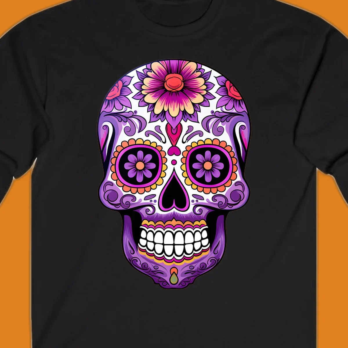 A vibrant floral calavera sugar skull illustration, featuring purple, pink, orange, and yellow flowers and patterns.