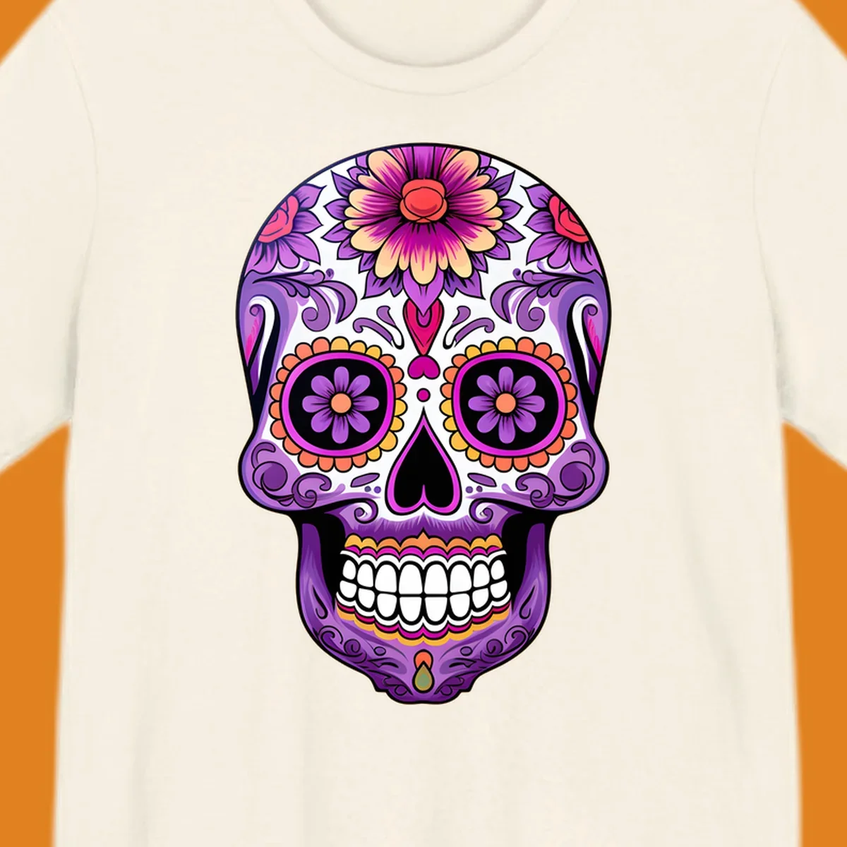 A vibrant floral calavera sugar skull illustration, featuring purple, pink, orange, and yellow flowers and patterns.