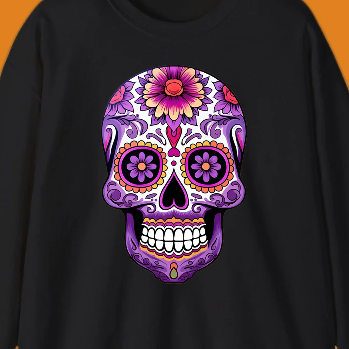 A vibrant floral calavera sugar skull illustration, featuring purple, pink, orange, and yellow flowers and patterns.