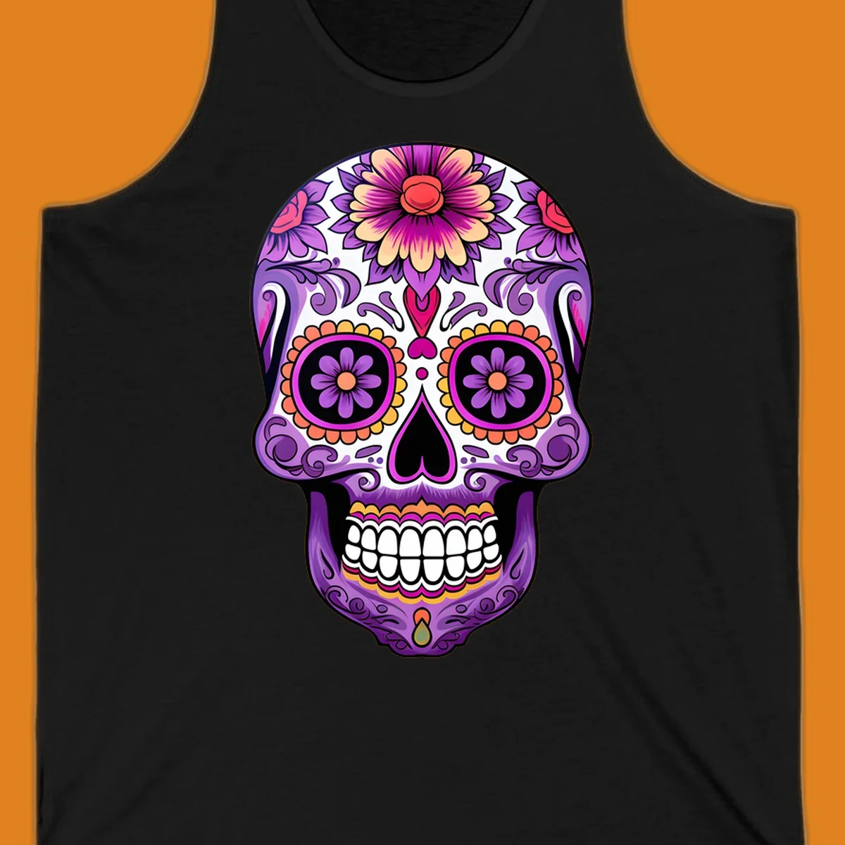 A vibrant floral calavera sugar skull illustration, featuring purple, pink, orange, and yellow flowers and patterns.