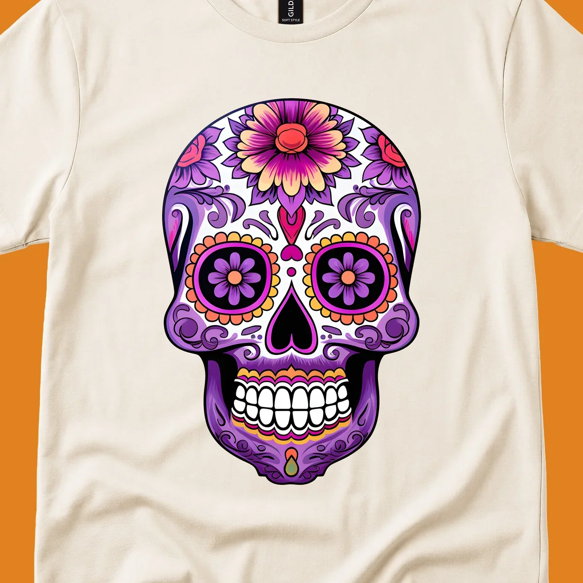 A vibrant floral calavera sugar skull illustration, featuring purple, pink, orange, and yellow flowers and patterns.