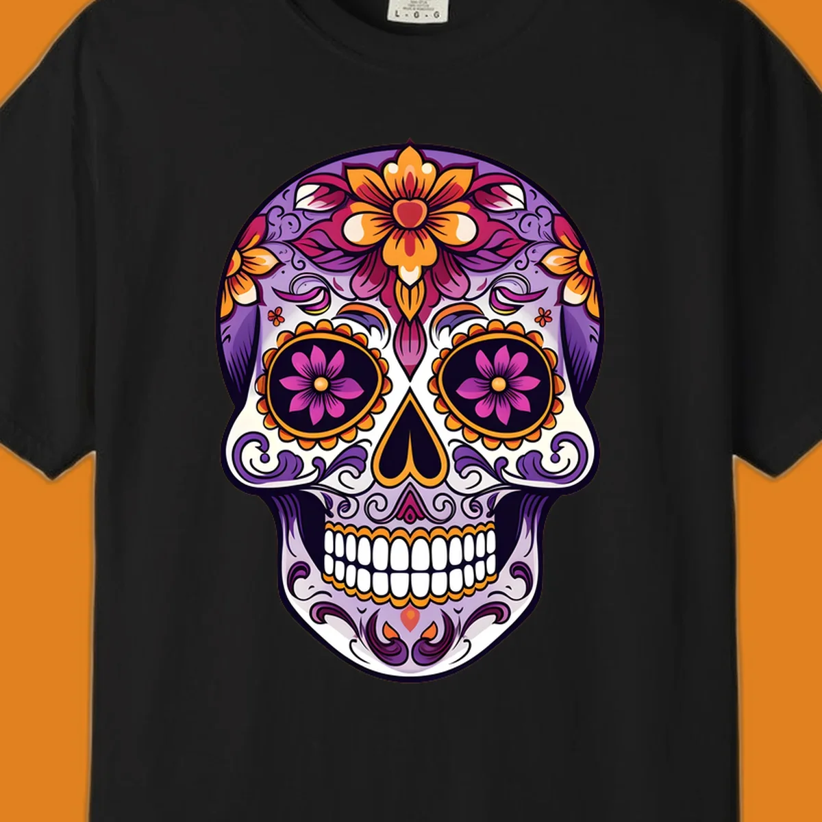 A vibrant floral calavera sugar skull illustration with purple, pink, orange, and yellow flowers and ornate scrollwork.