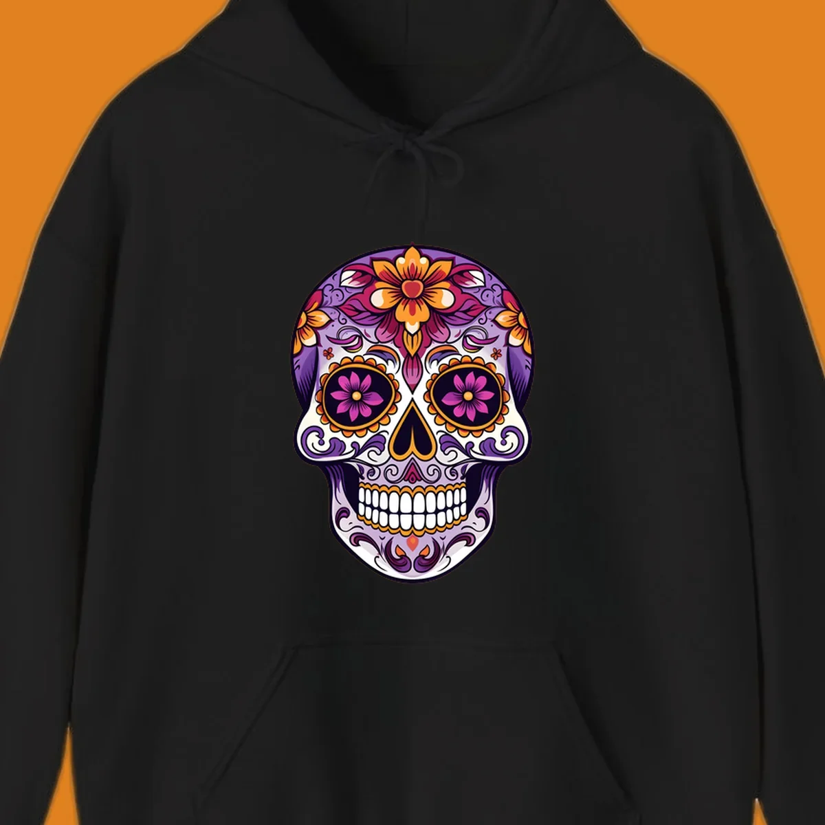 A vibrant floral calavera sugar skull illustration with purple, pink, orange, and yellow flowers and ornate scrollwork.