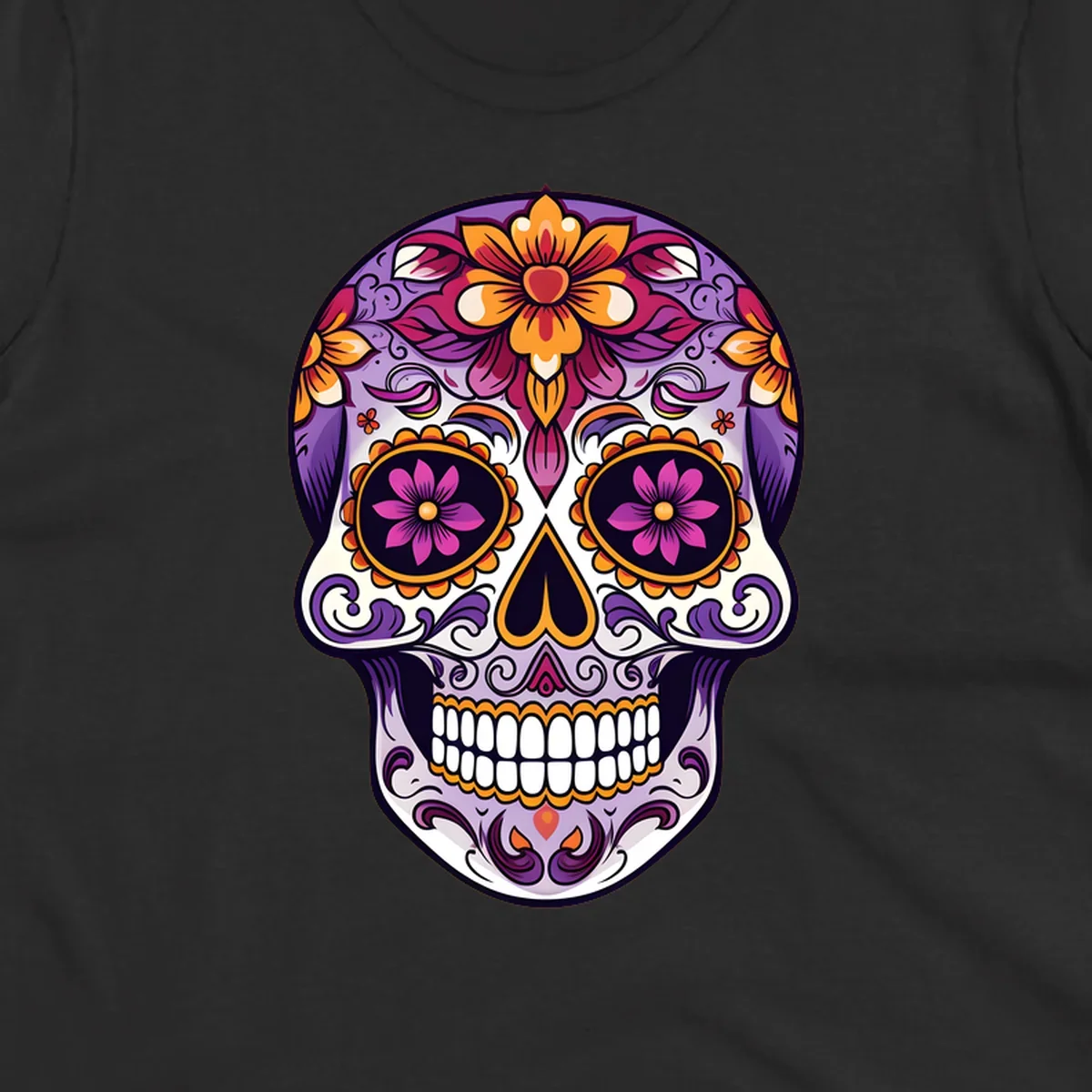A vibrant floral calavera sugar skull illustration with purple, pink, orange, and yellow flowers and ornate scrollwork.