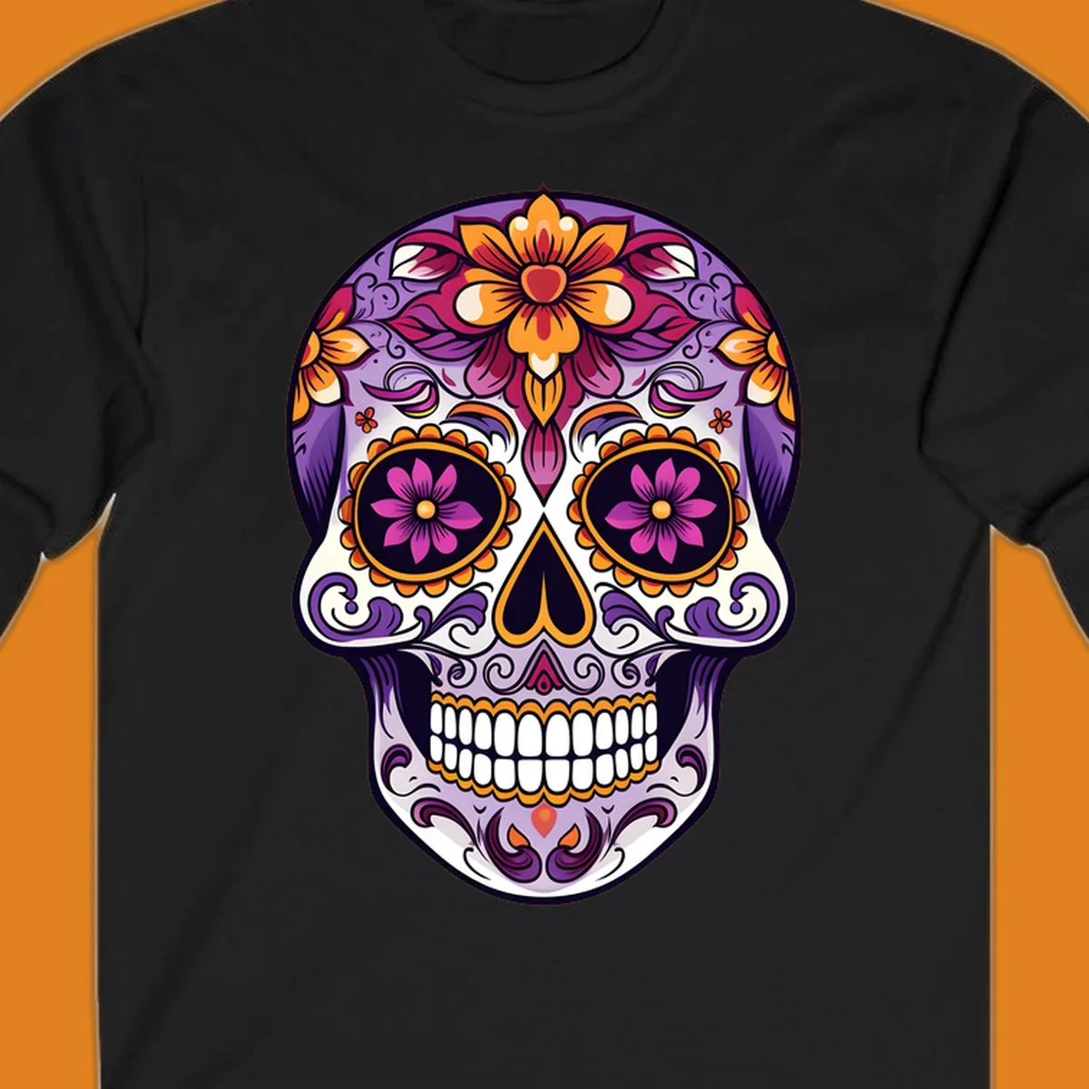 A vibrant floral calavera sugar skull illustration with purple, pink, orange, and yellow flowers and ornate scrollwork.