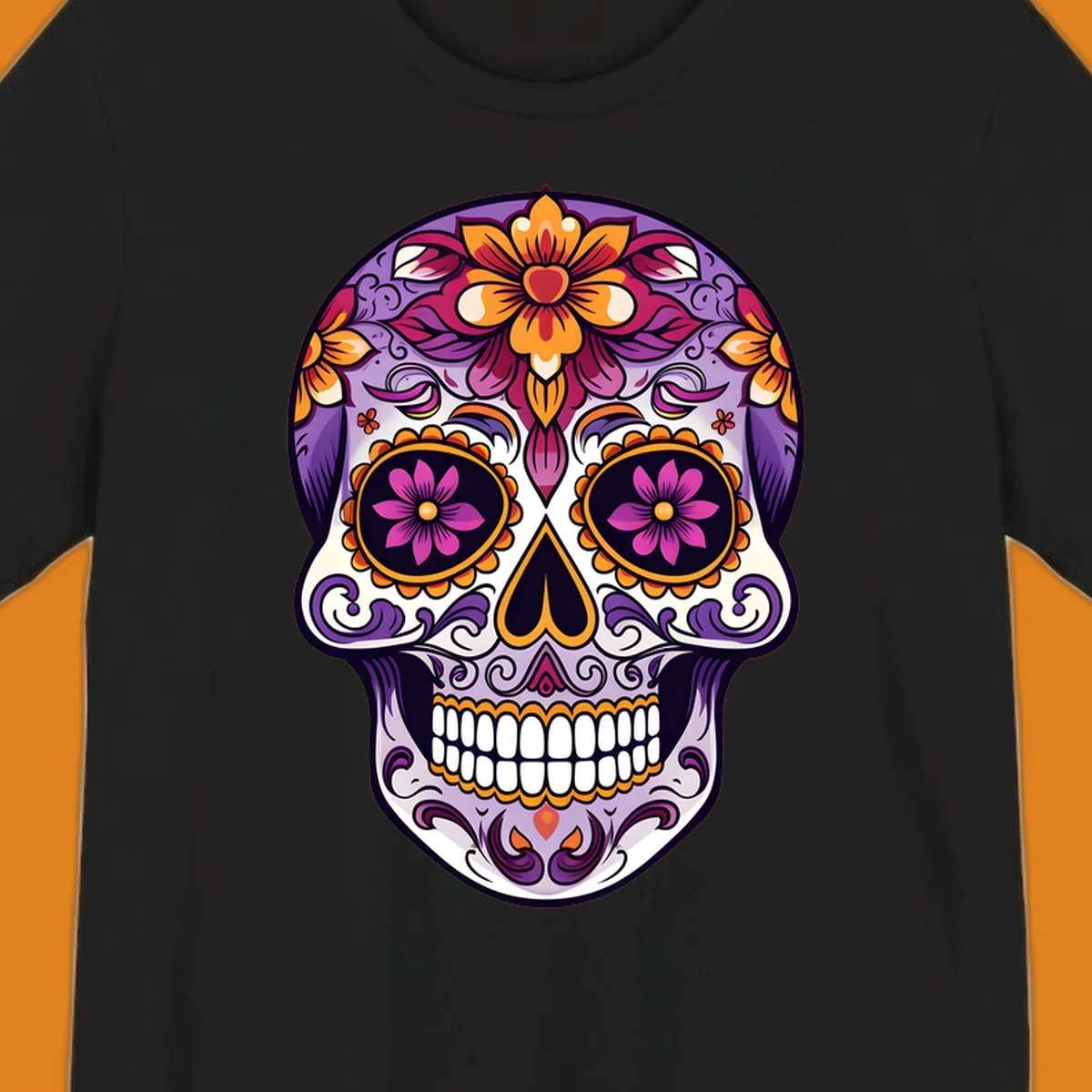 A vibrant floral calavera sugar skull illustration with purple, pink, orange, and yellow flowers and ornate scrollwork.