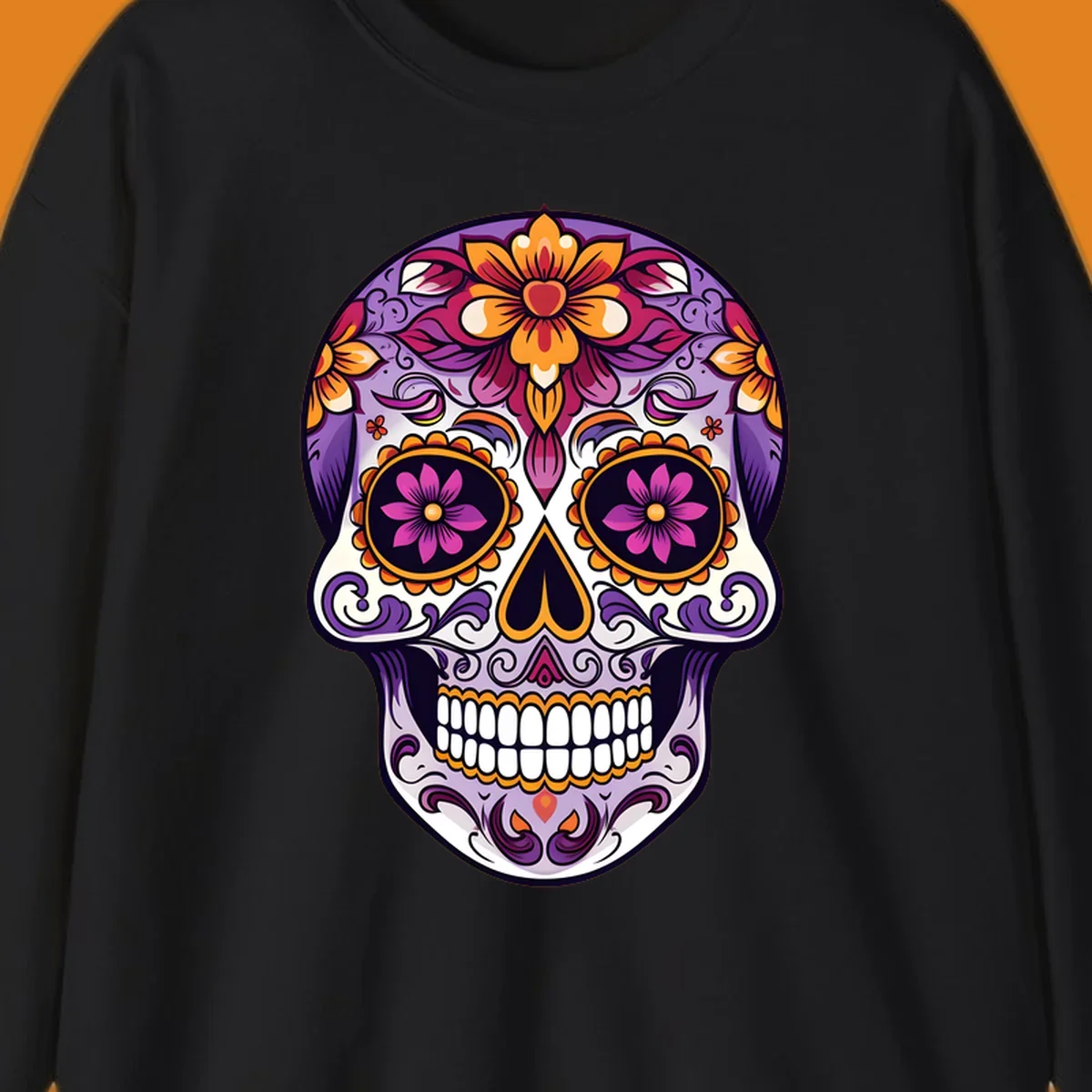 A vibrant floral calavera sugar skull illustration with purple, pink, orange, and yellow flowers and ornate scrollwork.
