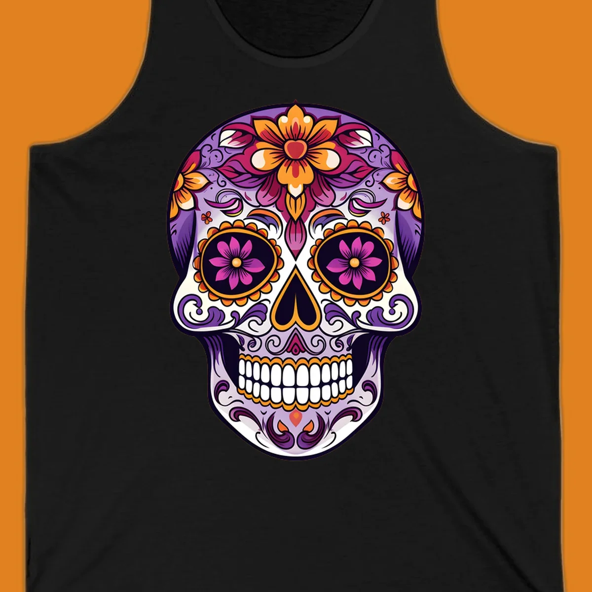 A vibrant floral calavera sugar skull illustration with purple, pink, orange, and yellow flowers and ornate scrollwork.