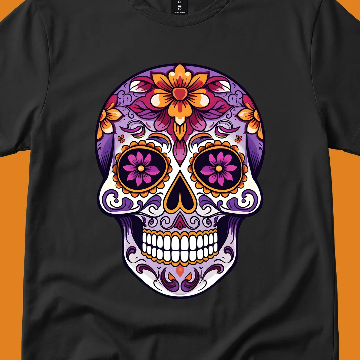 A vibrant floral calavera sugar skull illustration with purple, pink, orange, and yellow flowers and ornate scrollwork.