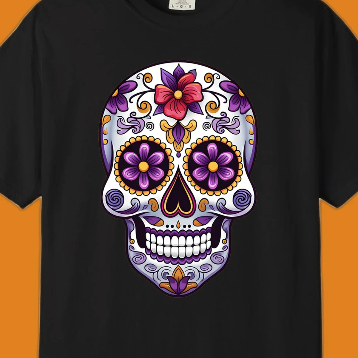 A vibrant floral calavera sugar skull illustration with purple, red, and gold flowers and swirling patterns.