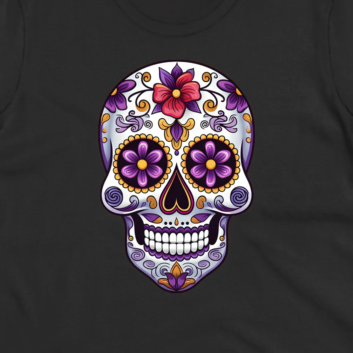 A vibrant floral calavera sugar skull illustration with purple, red, and gold flowers and swirling patterns.