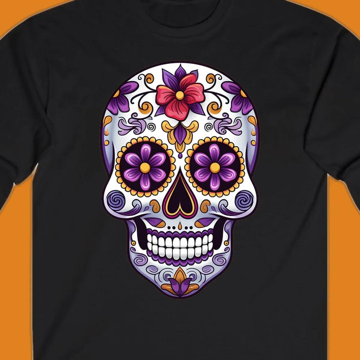 A vibrant floral calavera sugar skull illustration with purple, red, and gold flowers and swirling patterns.