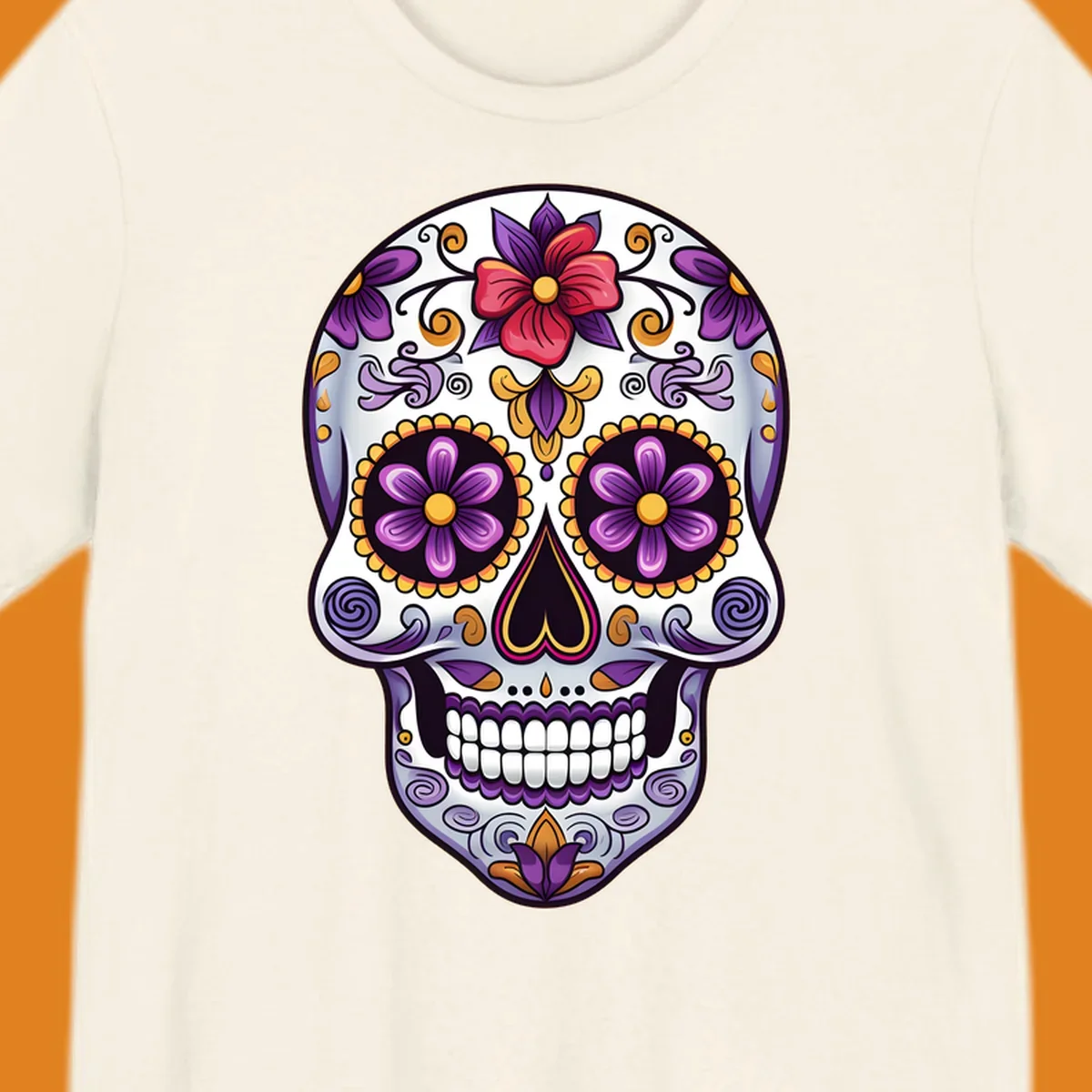 A vibrant floral calavera sugar skull illustration with purple, red, and gold flowers and swirling patterns.