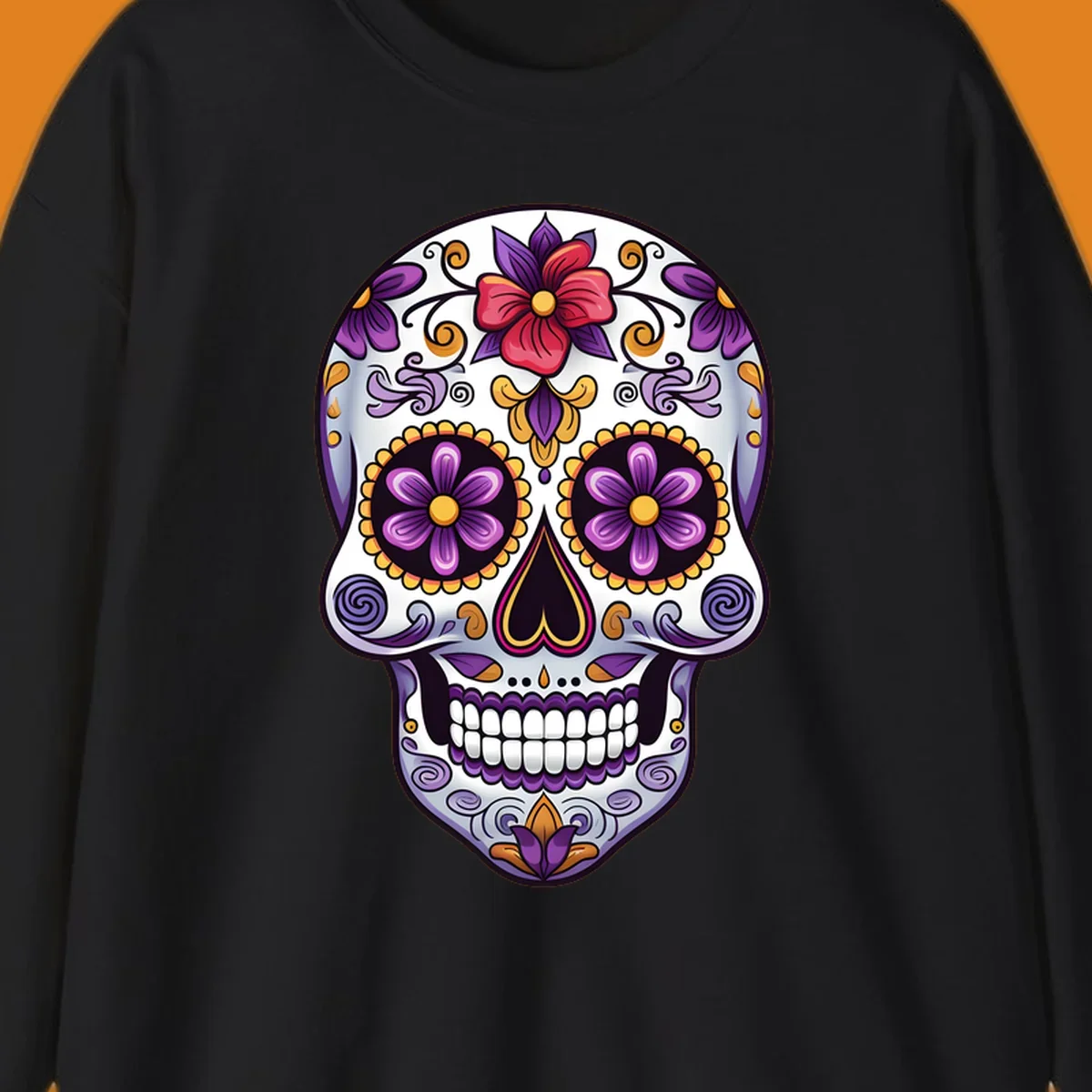 A vibrant floral calavera sugar skull illustration with purple, red, and gold flowers and swirling patterns.