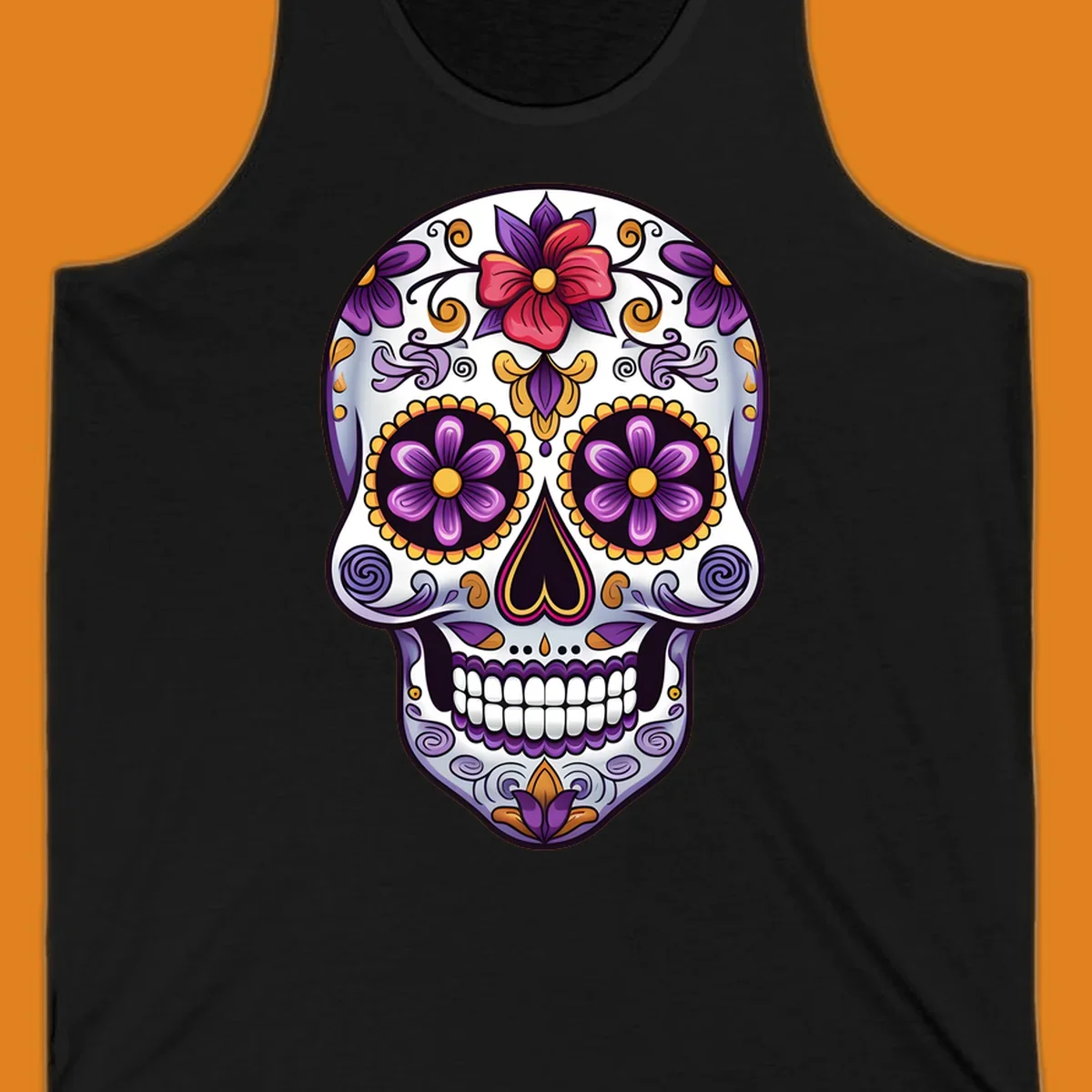 A vibrant floral calavera sugar skull illustration with purple, red, and gold flowers and swirling patterns.