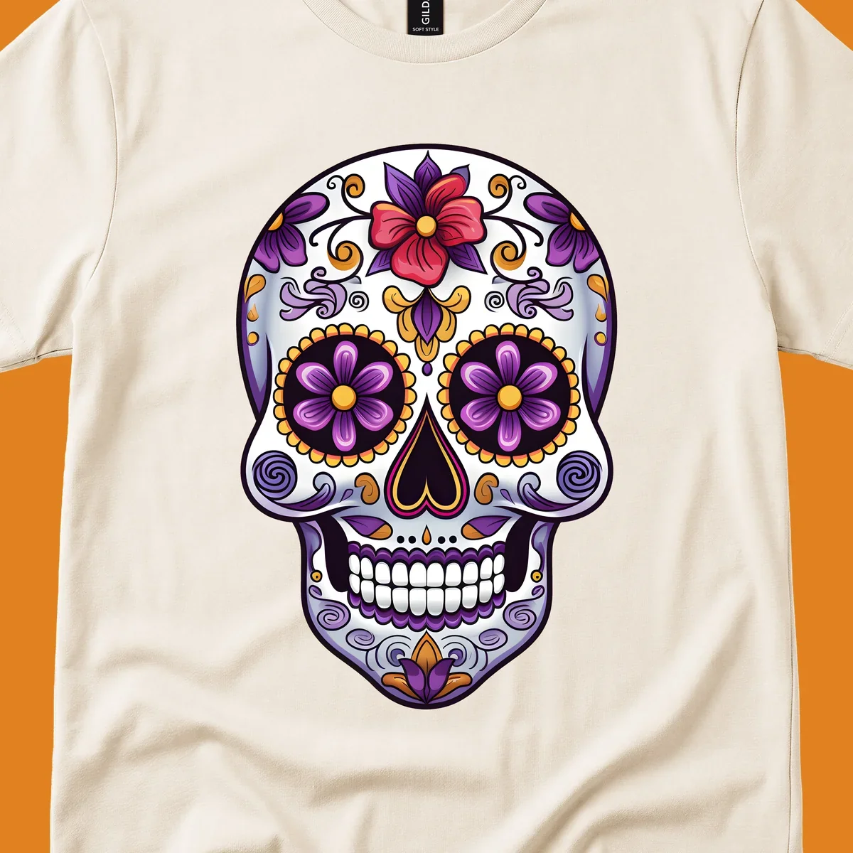 A vibrant floral calavera sugar skull illustration with purple, red, and gold flowers and swirling patterns.