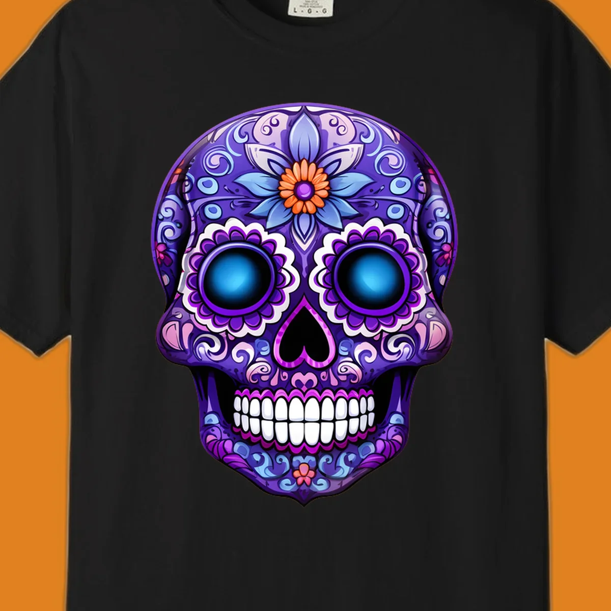 A vibrant purple calavera skull illustration with intricate blue and pink floral patterns and bright glowing blue eyes.