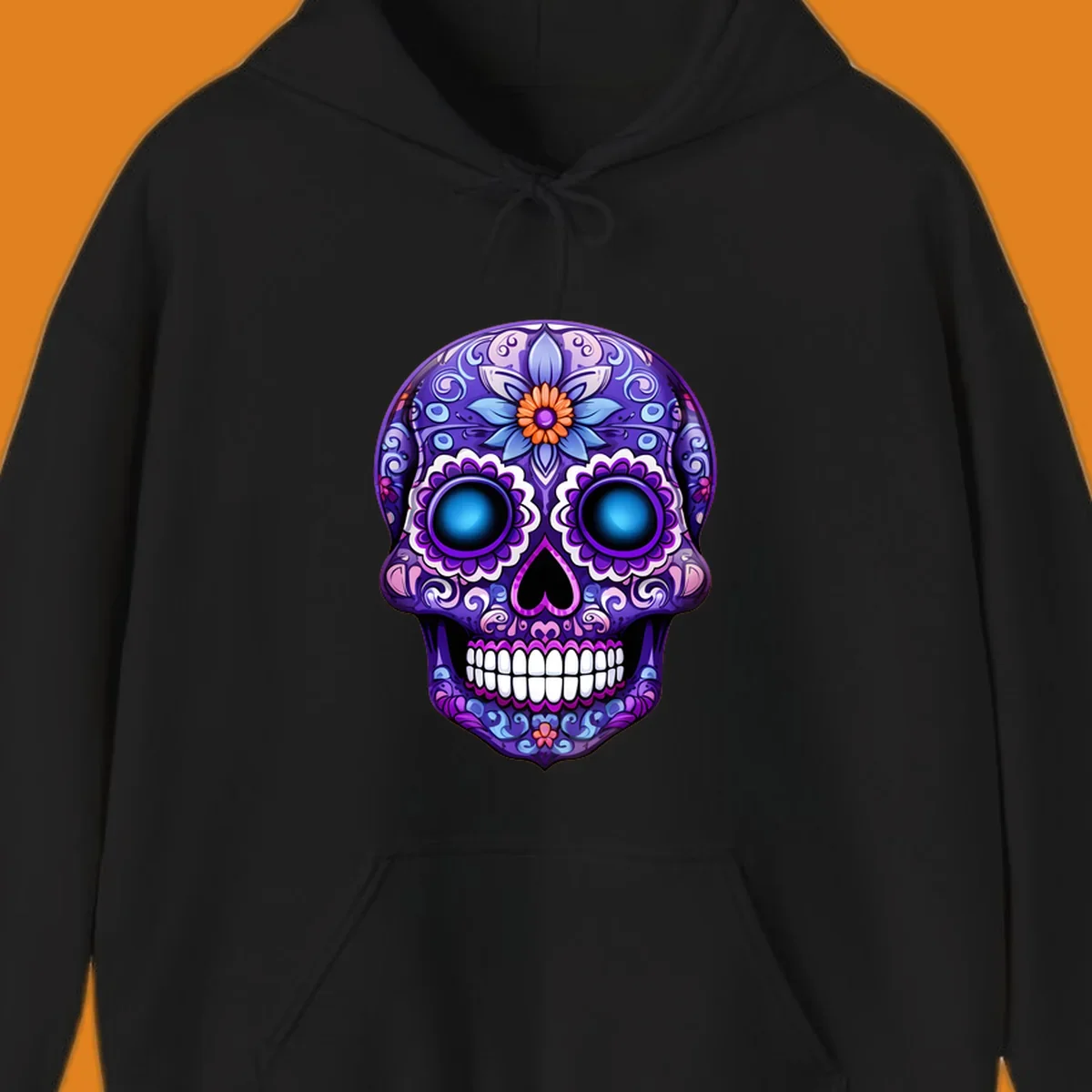 A vibrant purple calavera skull illustration with intricate blue and pink floral patterns and bright glowing blue eyes.