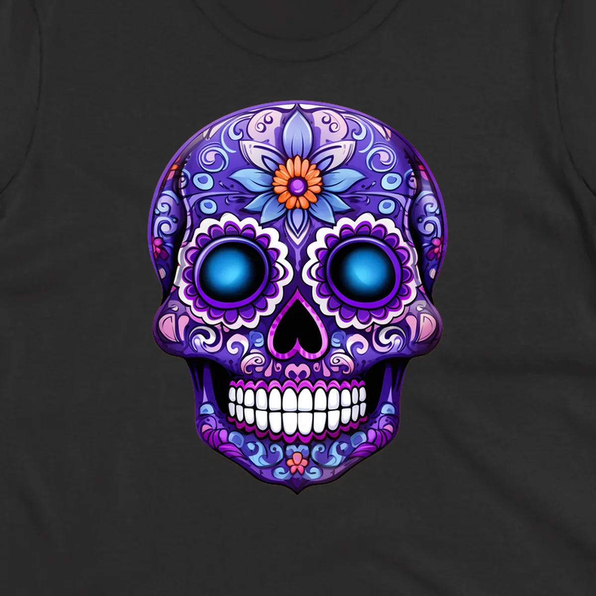 A vibrant purple calavera skull illustration with intricate blue and pink floral patterns and bright glowing blue eyes.