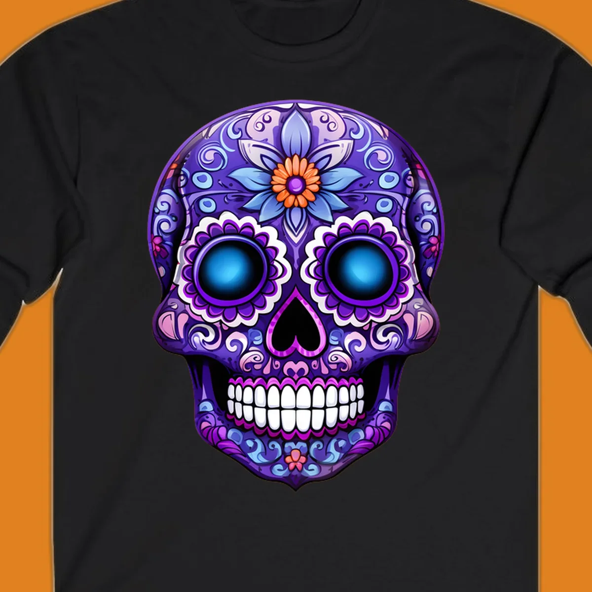 A vibrant purple calavera skull illustration with intricate blue and pink floral patterns and bright glowing blue eyes.