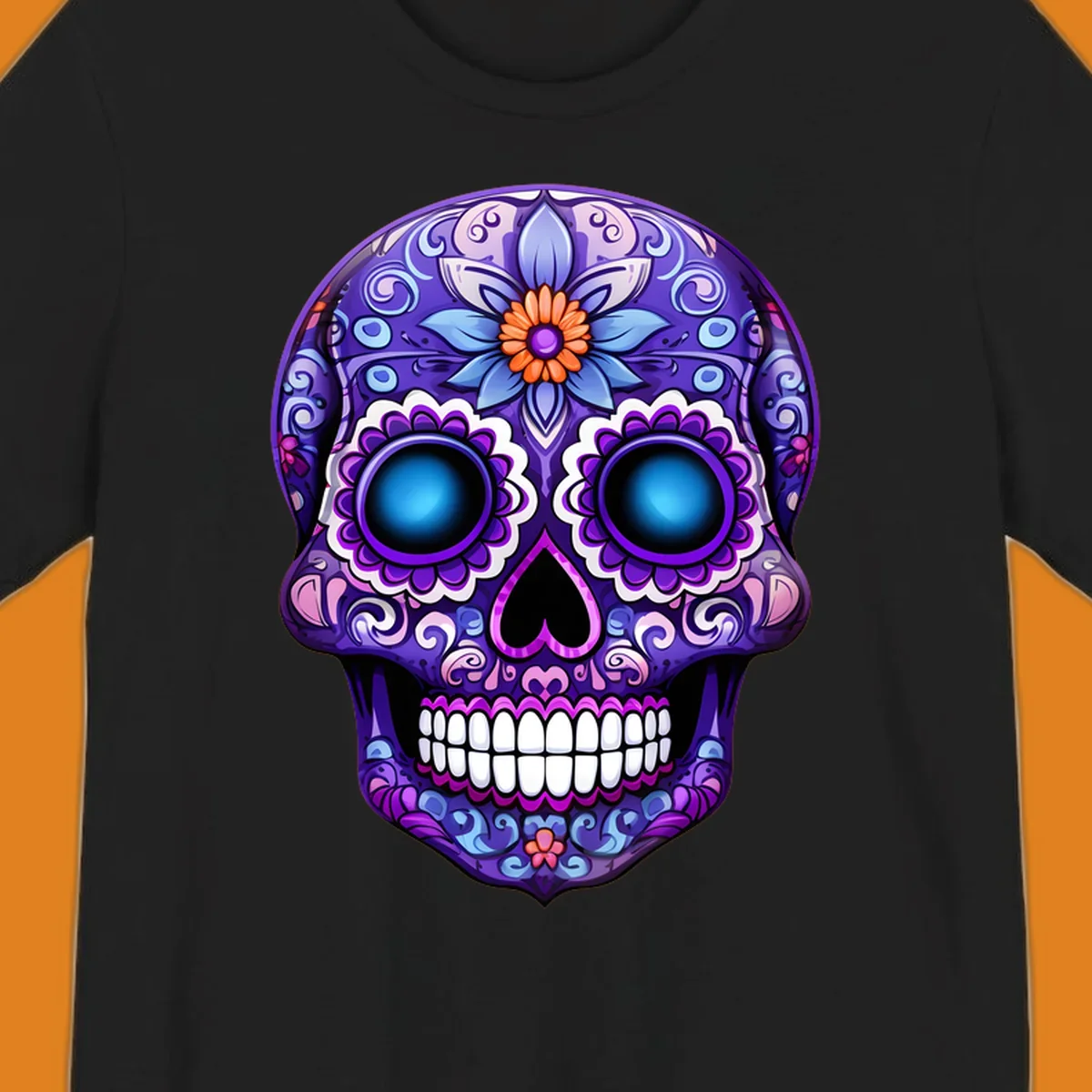A vibrant purple calavera skull illustration with intricate blue and pink floral patterns and bright glowing blue eyes.