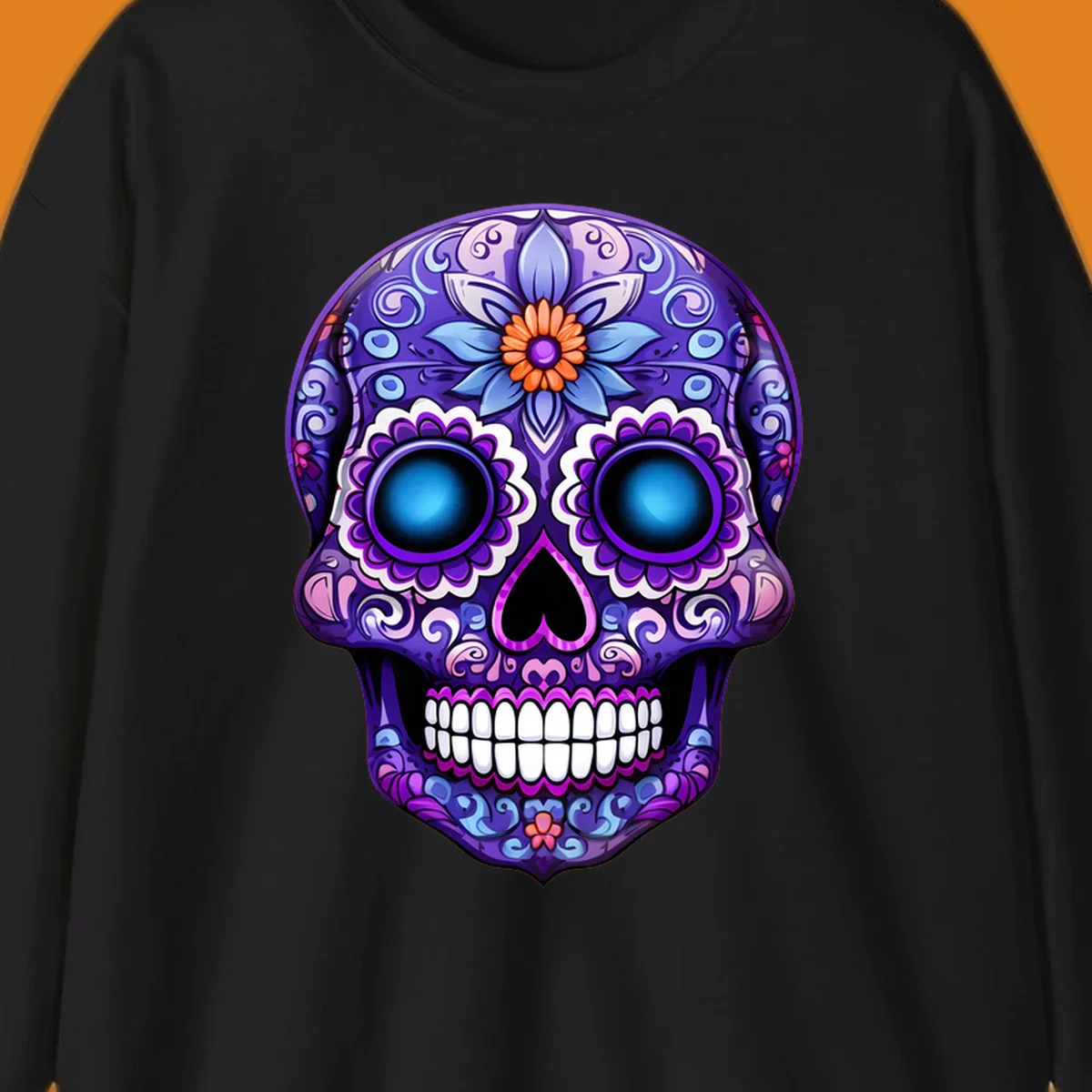 A vibrant purple calavera skull illustration with intricate blue and pink floral patterns and bright glowing blue eyes.