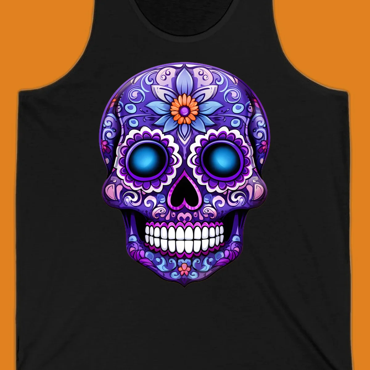 A vibrant purple calavera skull illustration with intricate blue and pink floral patterns and bright glowing blue eyes.