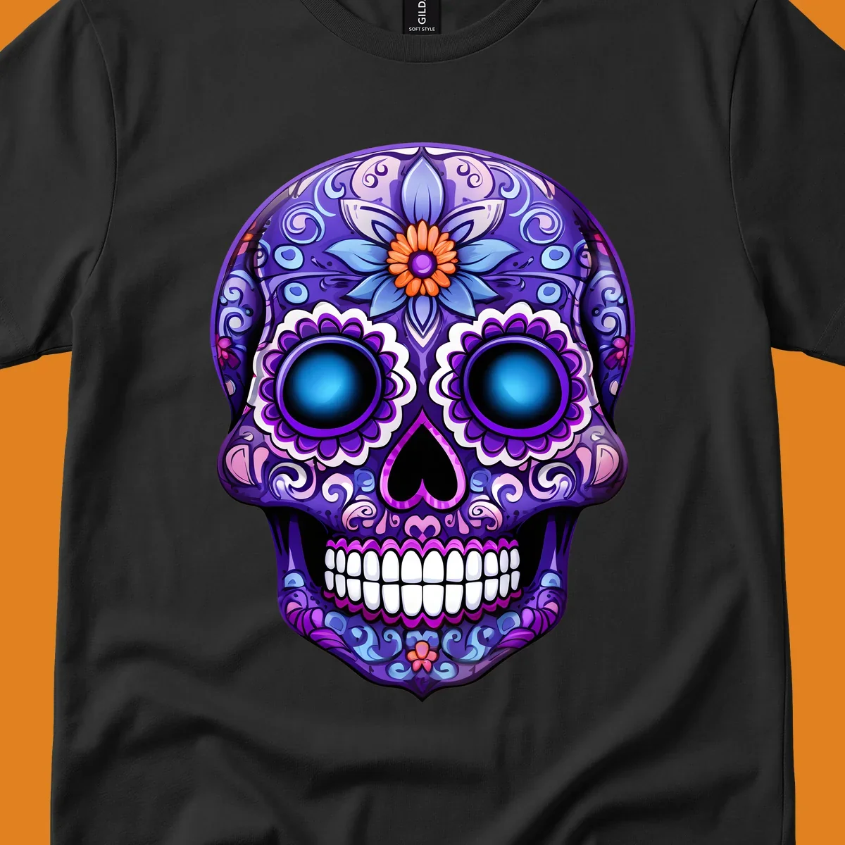 A vibrant purple calavera skull illustration with intricate blue and pink floral patterns and bright glowing blue eyes.