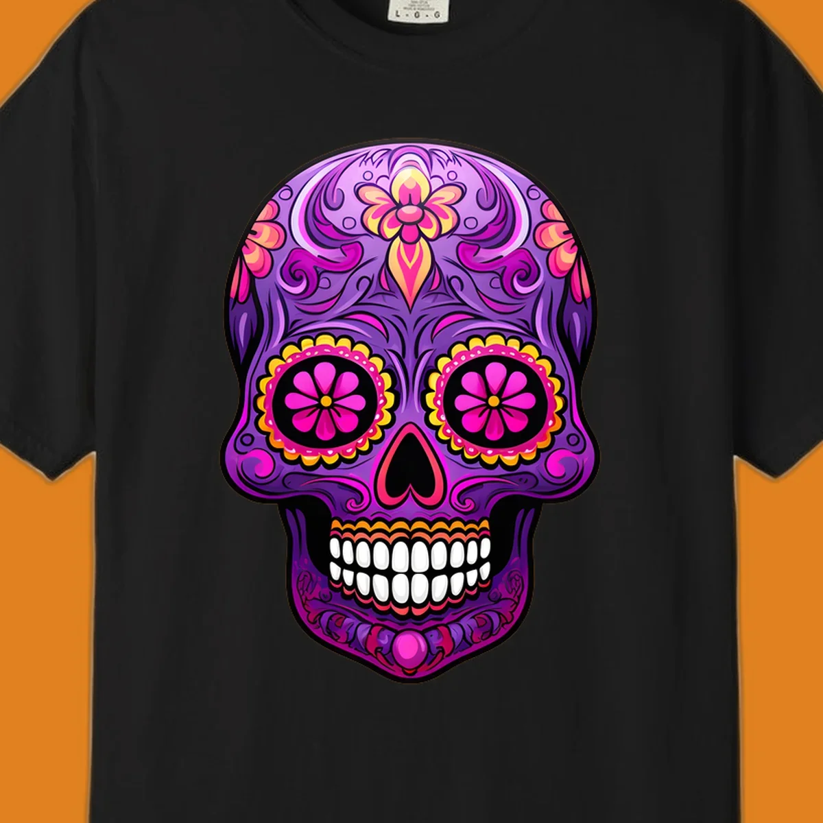 A vibrant floral sugar skull design, rich with purple, pink, and yellow hues, intricate swirls, and flower patterns.