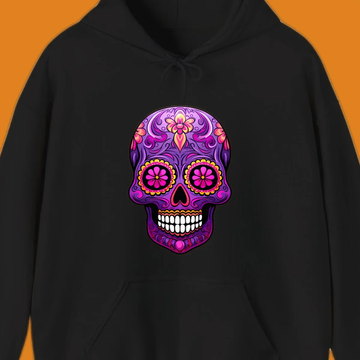 A vibrant floral sugar skull design, rich with purple, pink, and yellow hues, intricate swirls, and flower patterns.