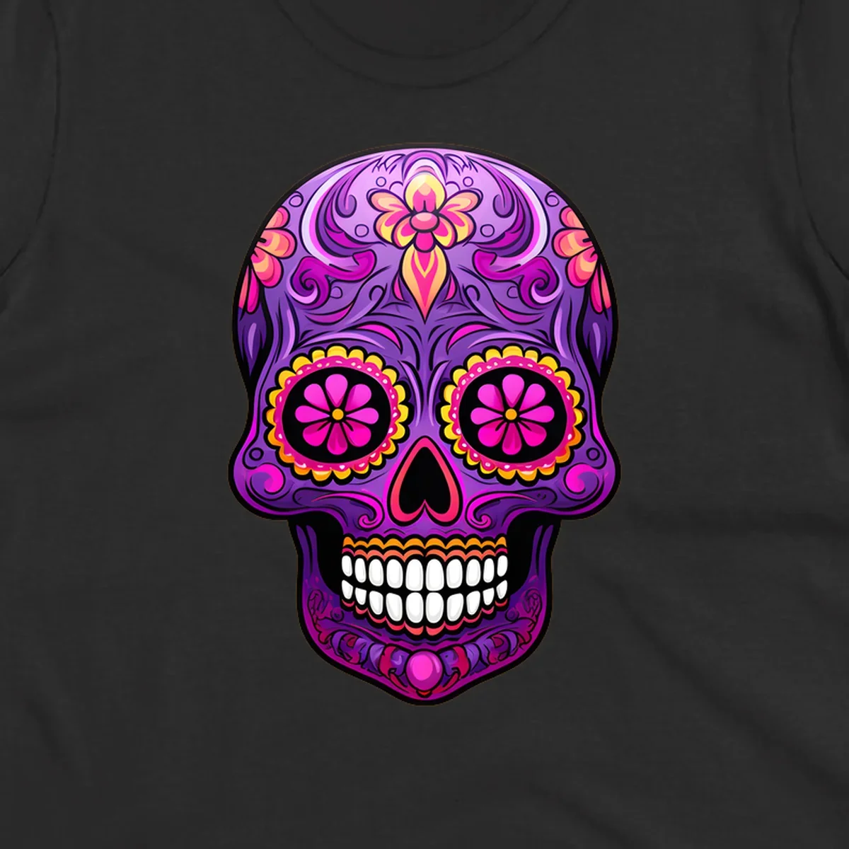 A vibrant floral sugar skull design, rich with purple, pink, and yellow hues, intricate swirls, and flower patterns.