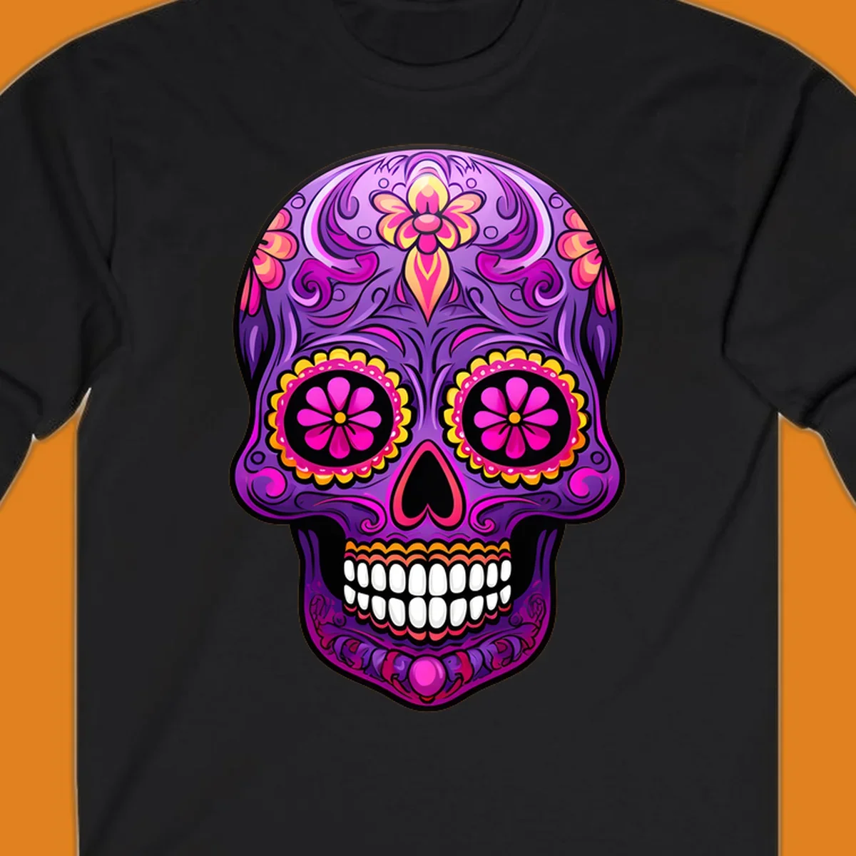 A vibrant floral sugar skull design, rich with purple, pink, and yellow hues, intricate swirls, and flower patterns.