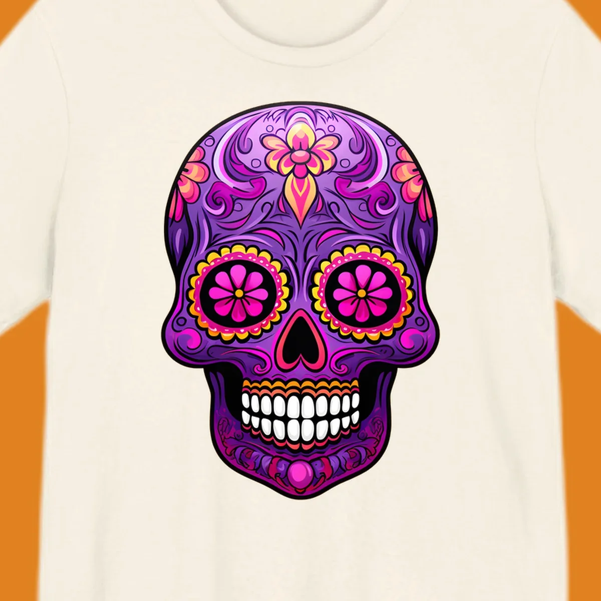 A vibrant floral sugar skull design, rich with purple, pink, and yellow hues, intricate swirls, and flower patterns.
