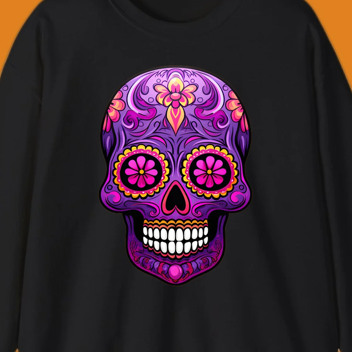 A vibrant floral sugar skull design, rich with purple, pink, and yellow hues, intricate swirls, and flower patterns.