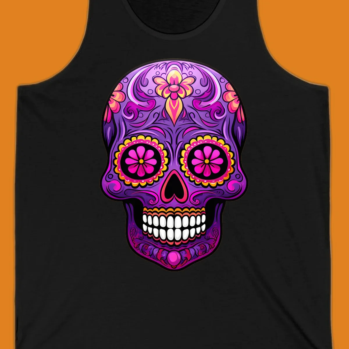 A vibrant floral sugar skull design, rich with purple, pink, and yellow hues, intricate swirls, and flower patterns.