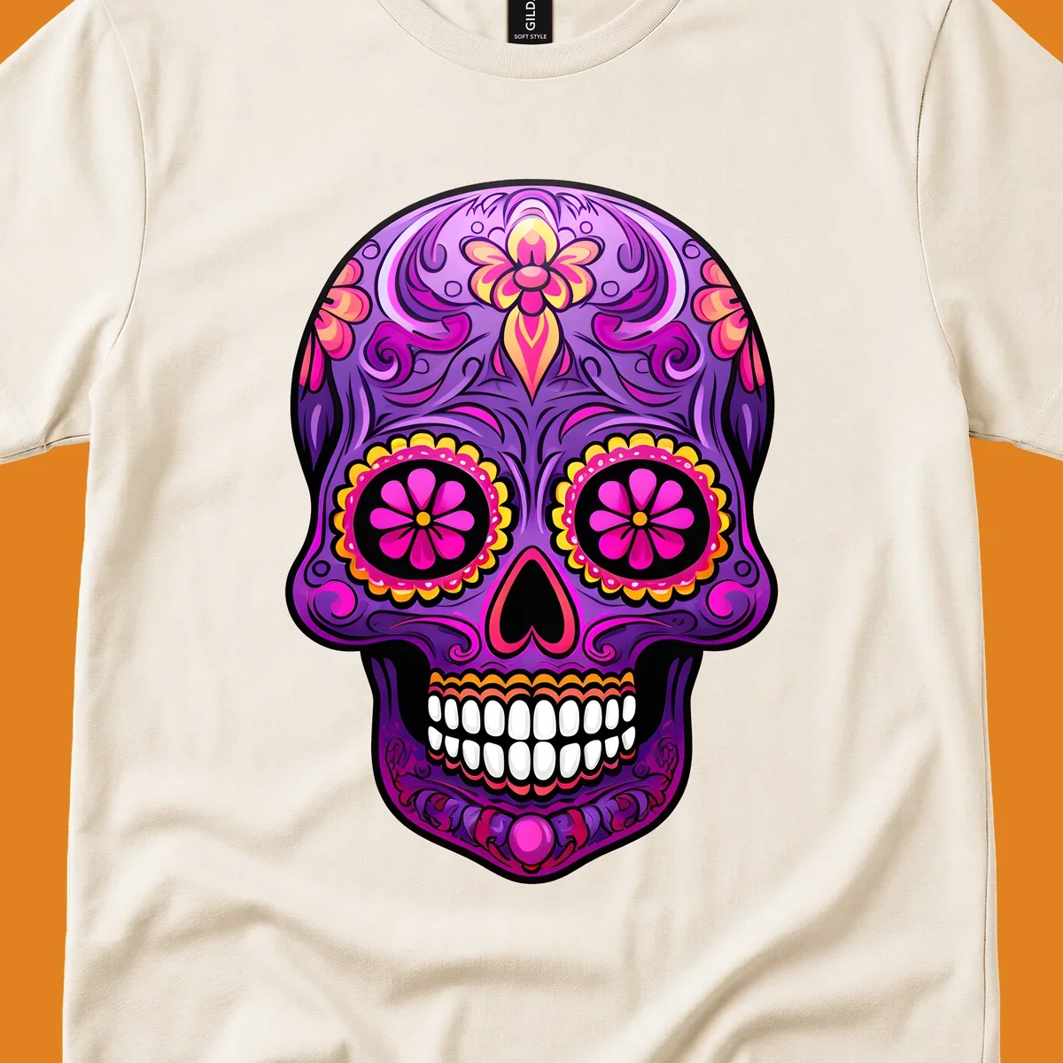 A vibrant floral sugar skull design, rich with purple, pink, and yellow hues, intricate swirls, and flower patterns.