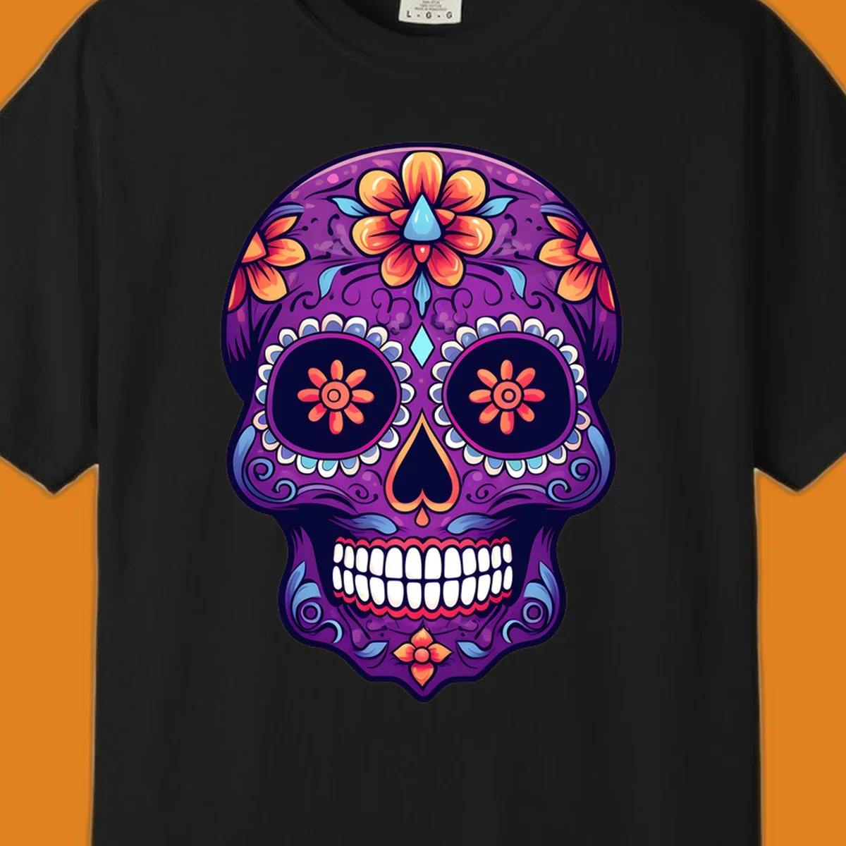 A vibrant floral sugar skull illustration in purple, orange, and blue with intricate patterns and white teeth.