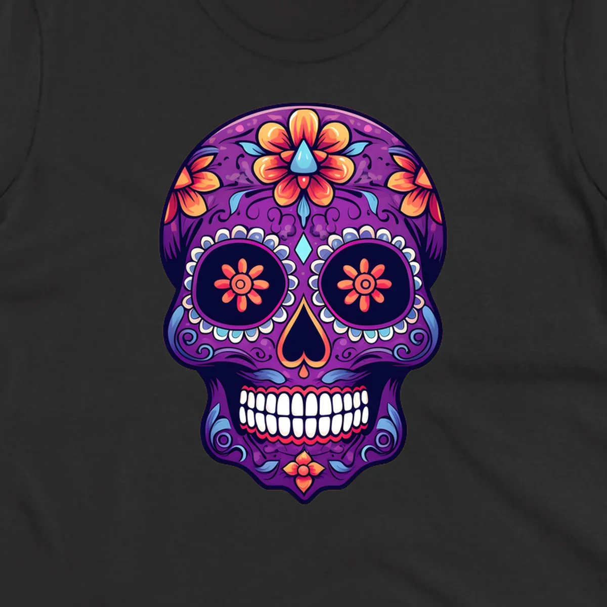 A vibrant floral sugar skull illustration in purple, orange, and blue with intricate patterns and white teeth.